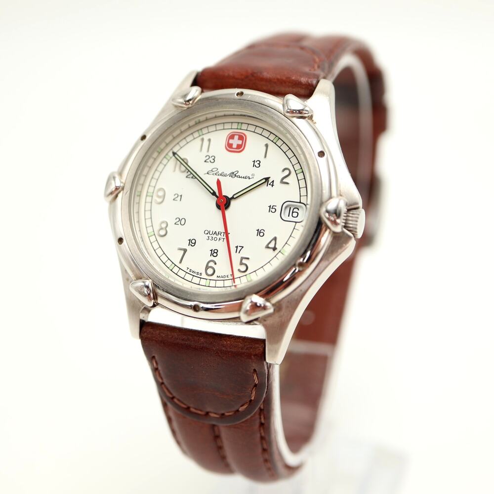 Eddie Bauer Swiss Army 36mm Date Watch Silver Tone Brown Leather w New Battery
